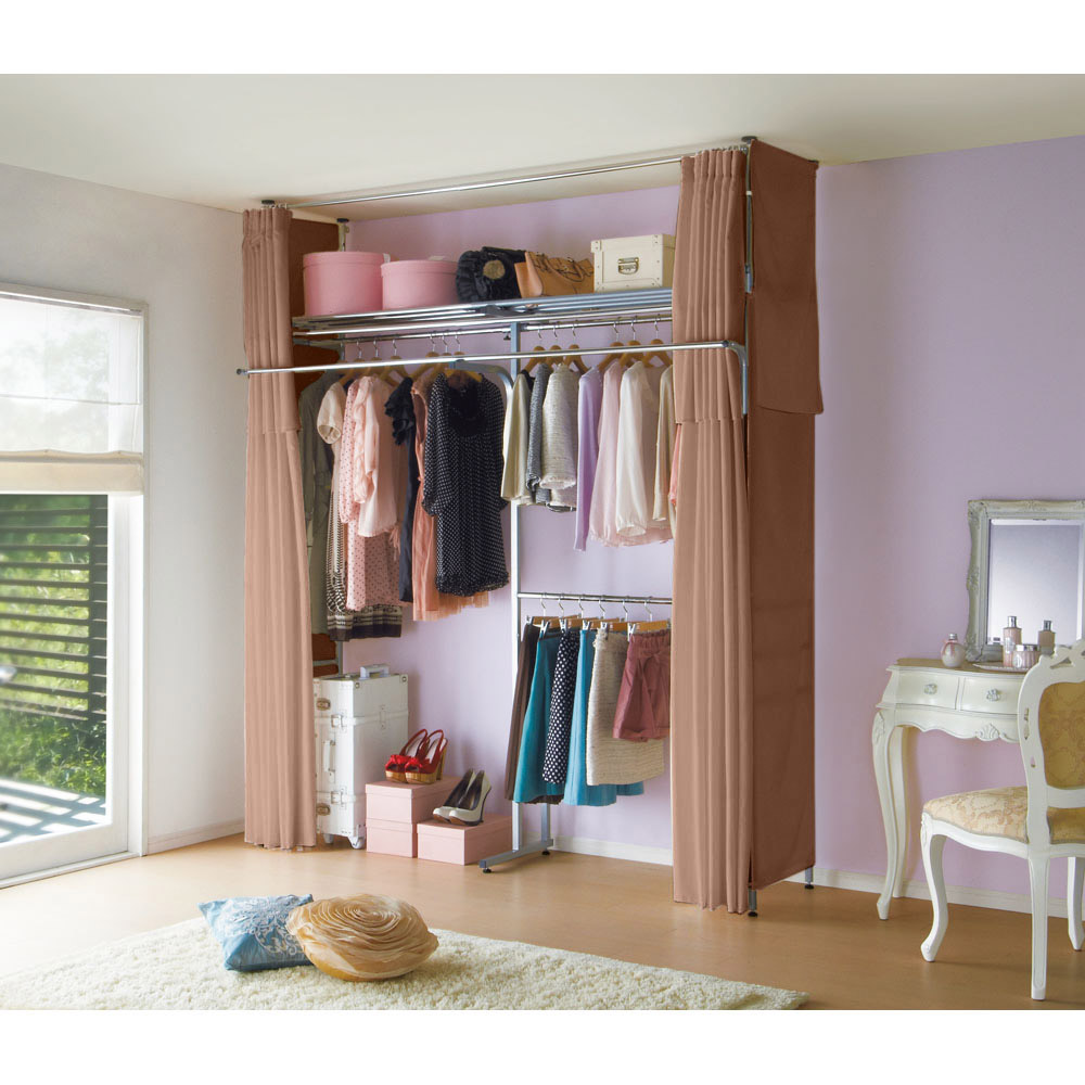 奥行53cm 上下カーテン付き突っ張り頑丈ハンガーラック ハイタイプ・【ワイド】幅195-273.5cm クローゼットハンガー カバー 衣類収納 632065