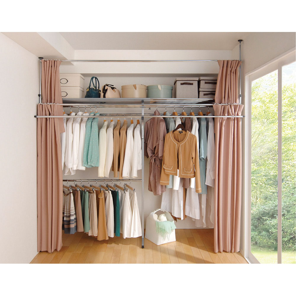 奥行79cm 上下カーテン付き突っ張り頑丈ハンガーラック ロータイプ・【ワイド】幅260-340cm対応 クローゼットハンガー カバー 衣類収納 632102