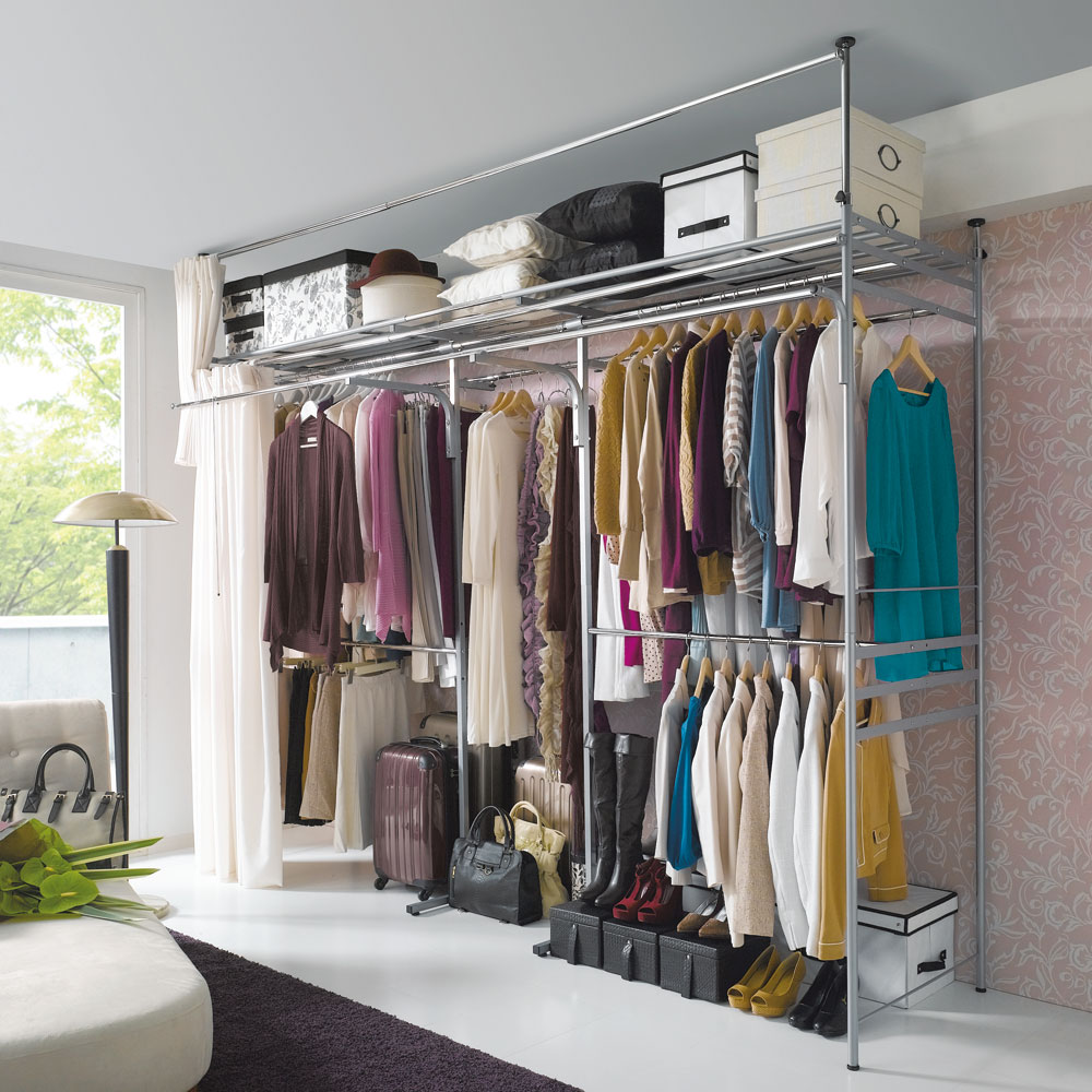 奥行79cm 上下カーテン付き突っ張り頑丈ハンガーラック ハイタイプ・【標準】幅137-230cm対応 クローゼットハンガー カバー 衣類収納 632103