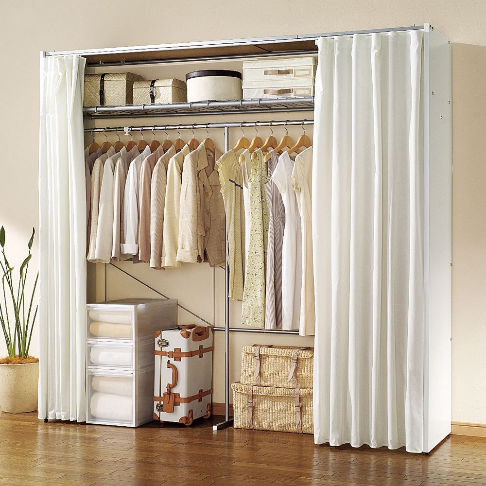 カーテン取り替え自在ハンガーラック 棚付きタイプ・幅128-205cm クローゼットハンガー カバー 衣類収納 632114