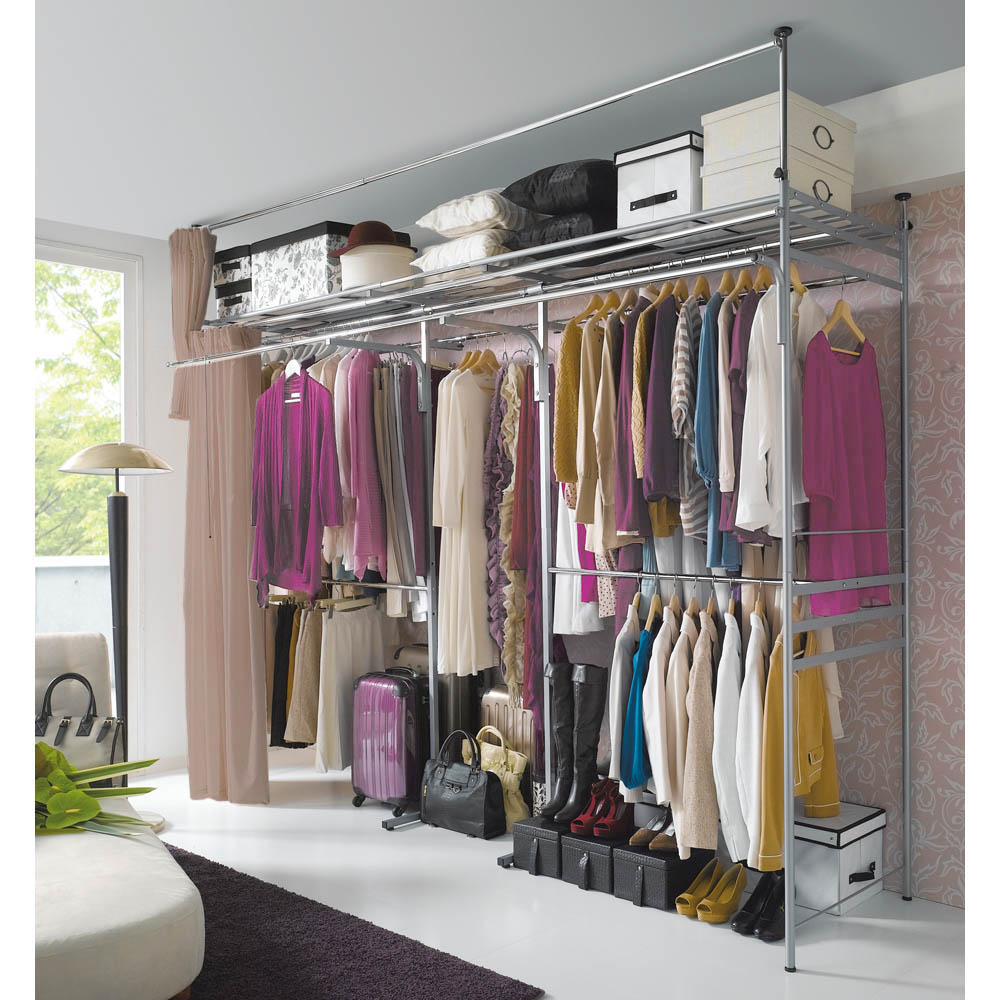 奥行79cm 上下カーテン付き突っ張り頑丈ハンガーラック ハイタイプ・【ワイド】幅260-340cm対応 クローゼットハンガー カバー 衣類収納 632154