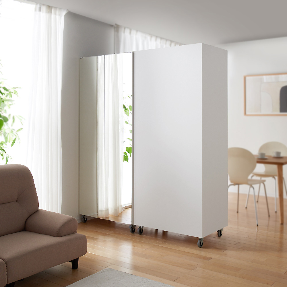 移動式間仕切りクローゼット ミラー扉タイプ・可動棚板4枚 パーテーション 間仕切り リビング収納 632403