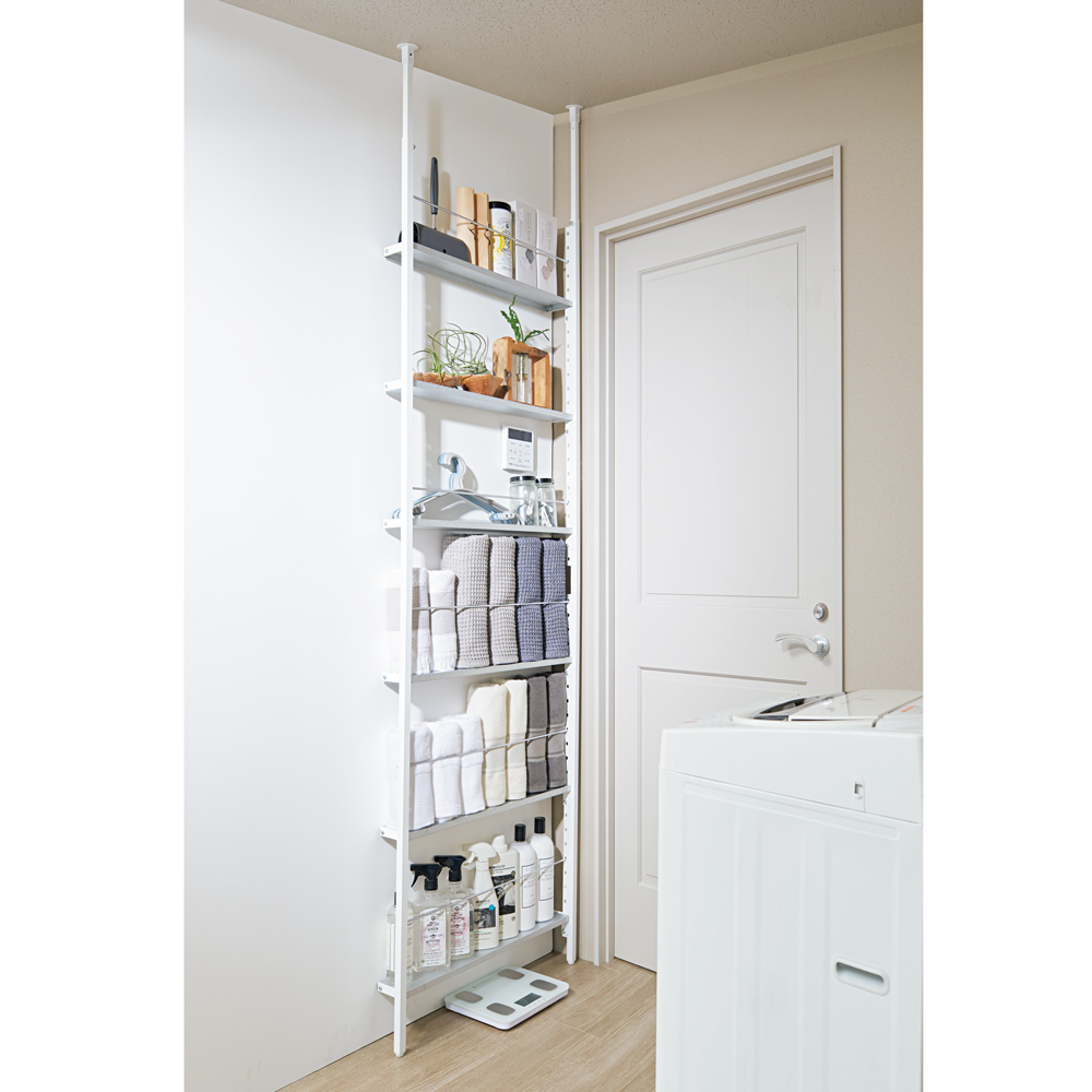 超薄型突っ張りディスプレイ収納ラック 幅40cmタイプ 奥行12cm高さ215cm-260cm 洗面所収納 隙間収納 トイレ 洗面所 ランドリー収納 633701