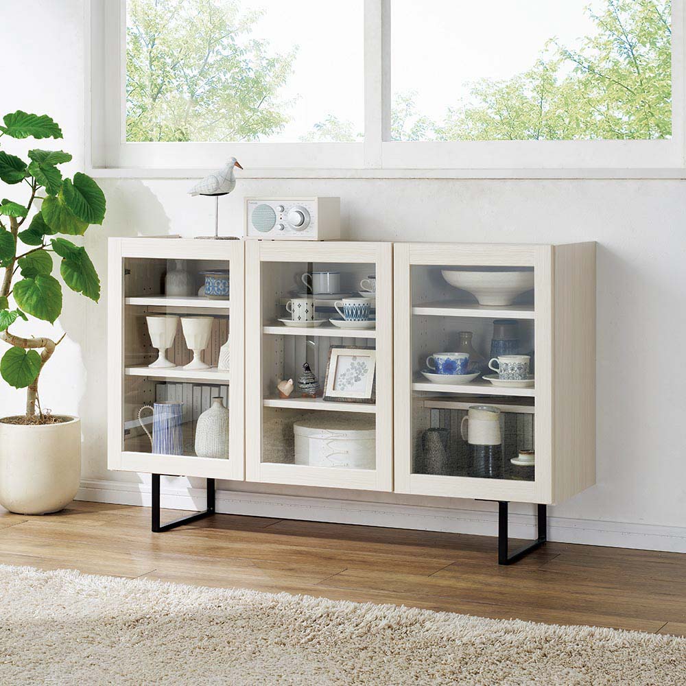 段違い棚のディスプレイキャビネット ガラス戸タイプ 幅120cm キャビネット リビングボード リビング収納 628602