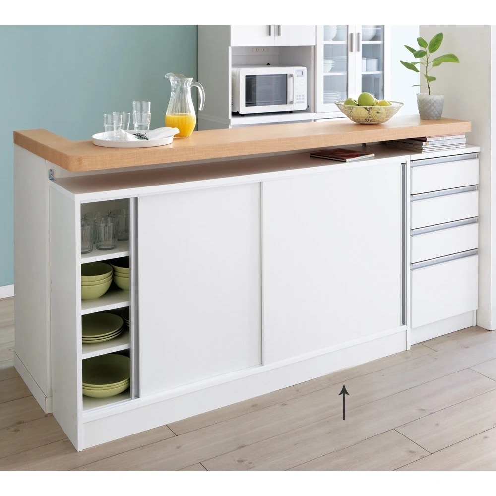 ストレートカウンター下引き戸収納庫 幅150 奥行20cm 薄型タイプ キャビネット リビングボード リビング収納 629304