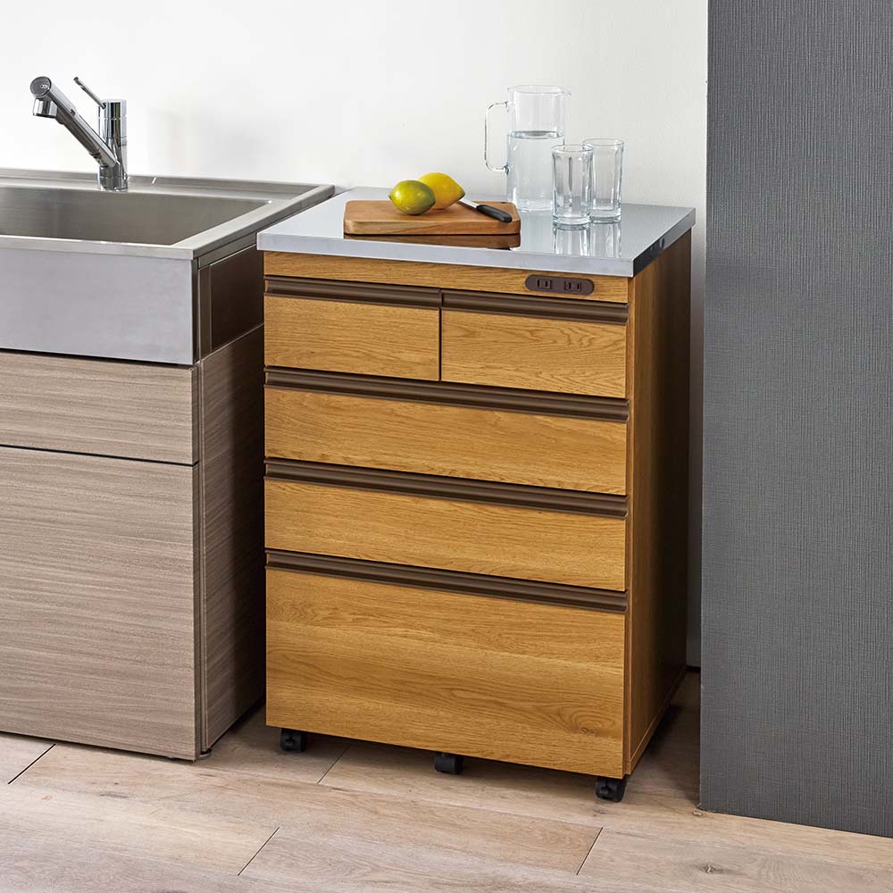 移動できる光沢ステンレス天板キッチンカウンター 幅60.5cm 4段・高さ85.5cm キッチンカウンター キッチン収納 629401