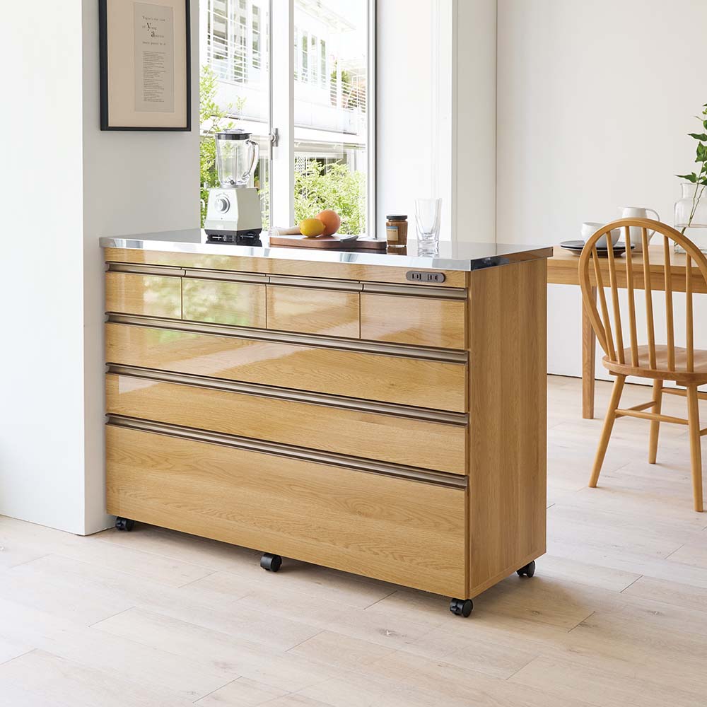 移動できる光沢ステンレス天板キッチンカウンター 幅120.5cm 4段・高さ85.5cm キッチンカウンター キッチン収納 629403