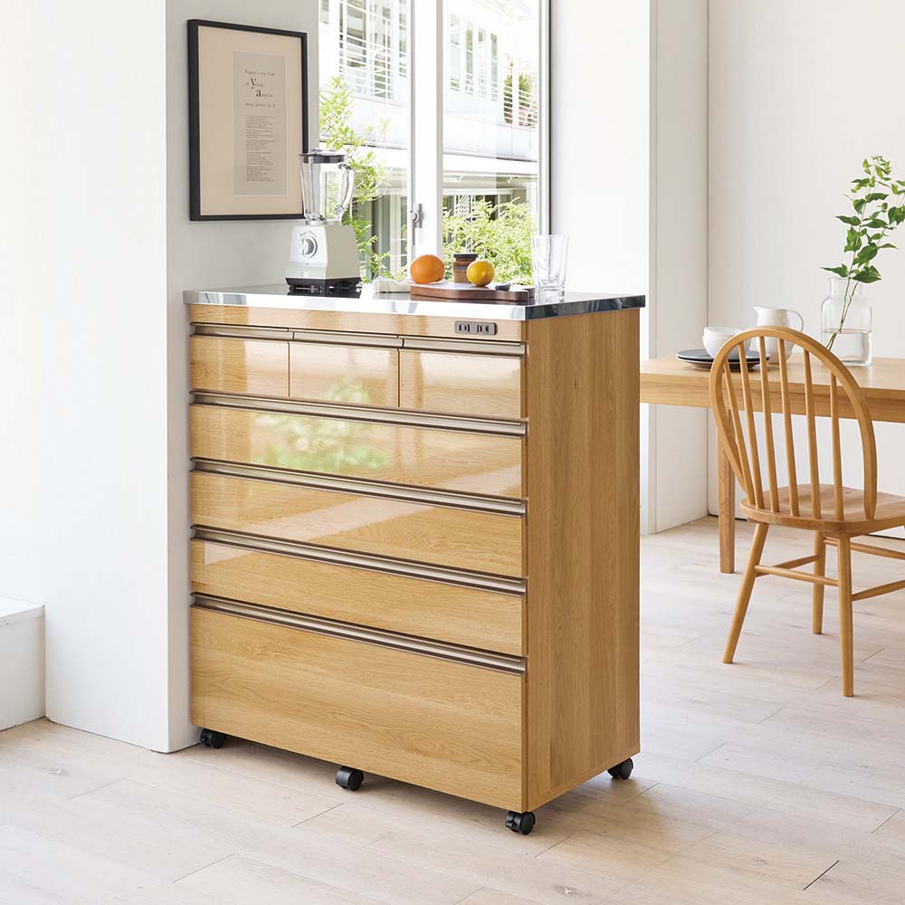 移動できる光沢ステンレス天板キッチンカウンター 幅90.5cm 5段・高さ101cm キッチンカウンター キッチン収納 629405