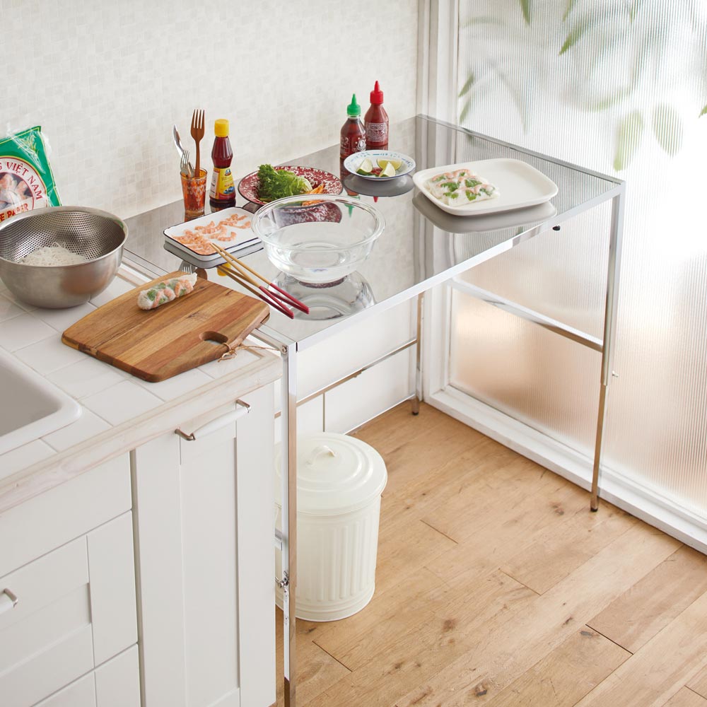 幅と高さが伸縮できるステンレス作業台 幅76〜120 奥行60cm ディノス