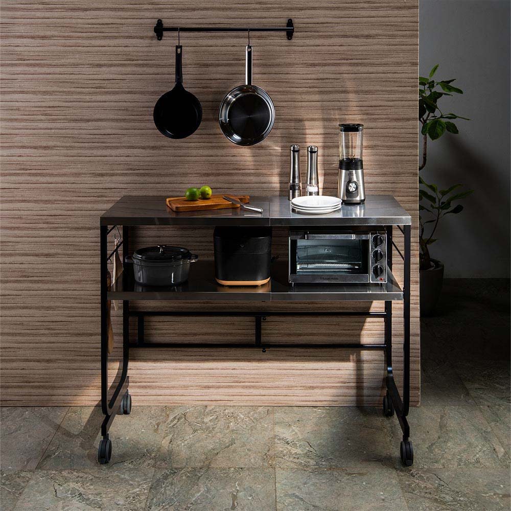 ≪幅40cm-65cm≫ ステンレスの美しい幅伸縮キッチンカウンター 棚付きタイプ 奥行40.5cm高さ92cm キッチンカウンター キッチン収納 630704