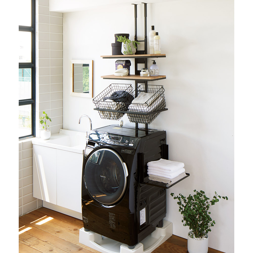 まるでホテル 透き通る棚板のスタイリッシュランドリーラック棚2段・バスケット2個 まるでホテル 透き通る棚板のスタイリッシュランドリーラック棚2段