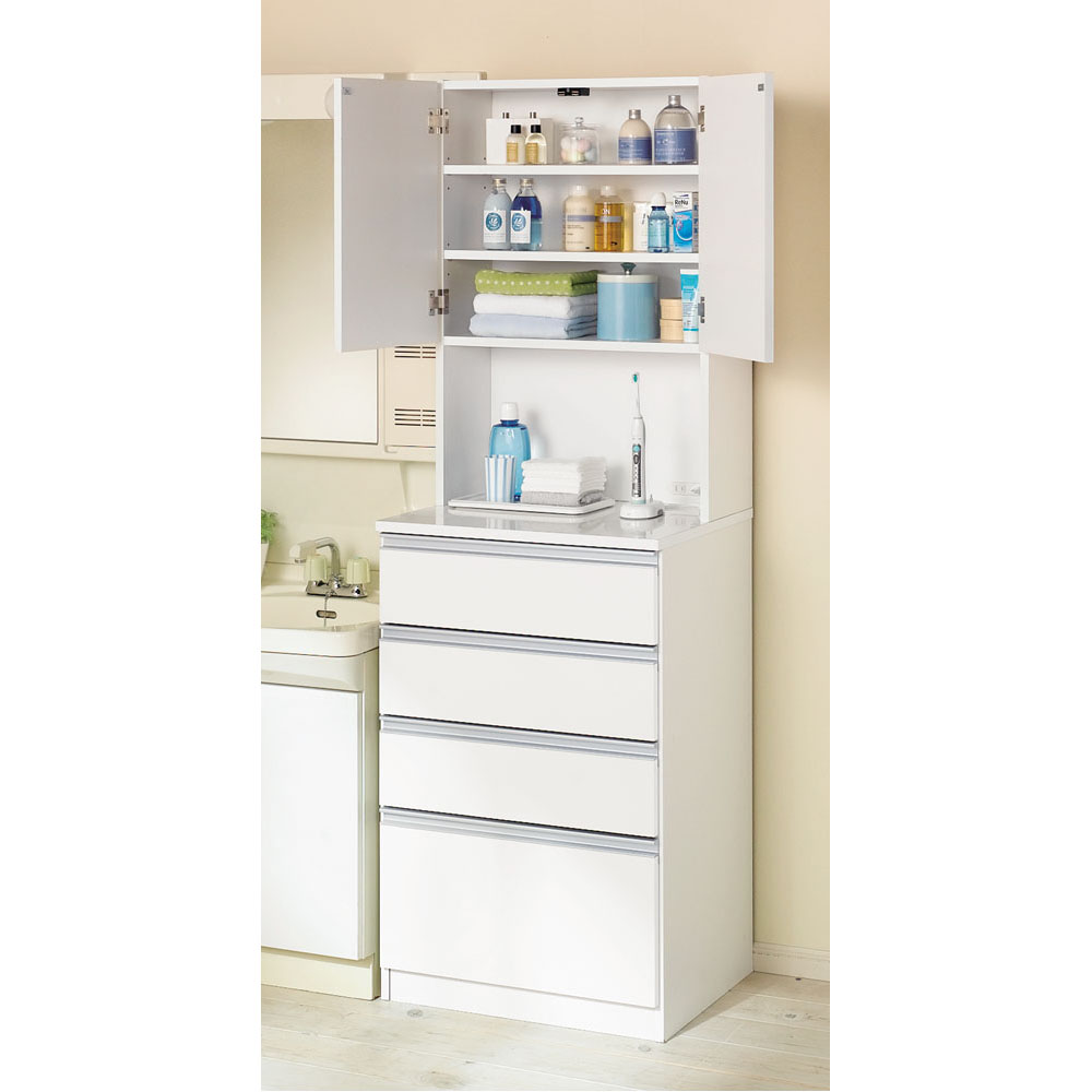 水回りでも安心の光沢洗面所チェスト 扉付きハイタイプ・幅59.5cm 洗面所収納 隙間収納 トイレ 洗面所 ランドリー収納 631114