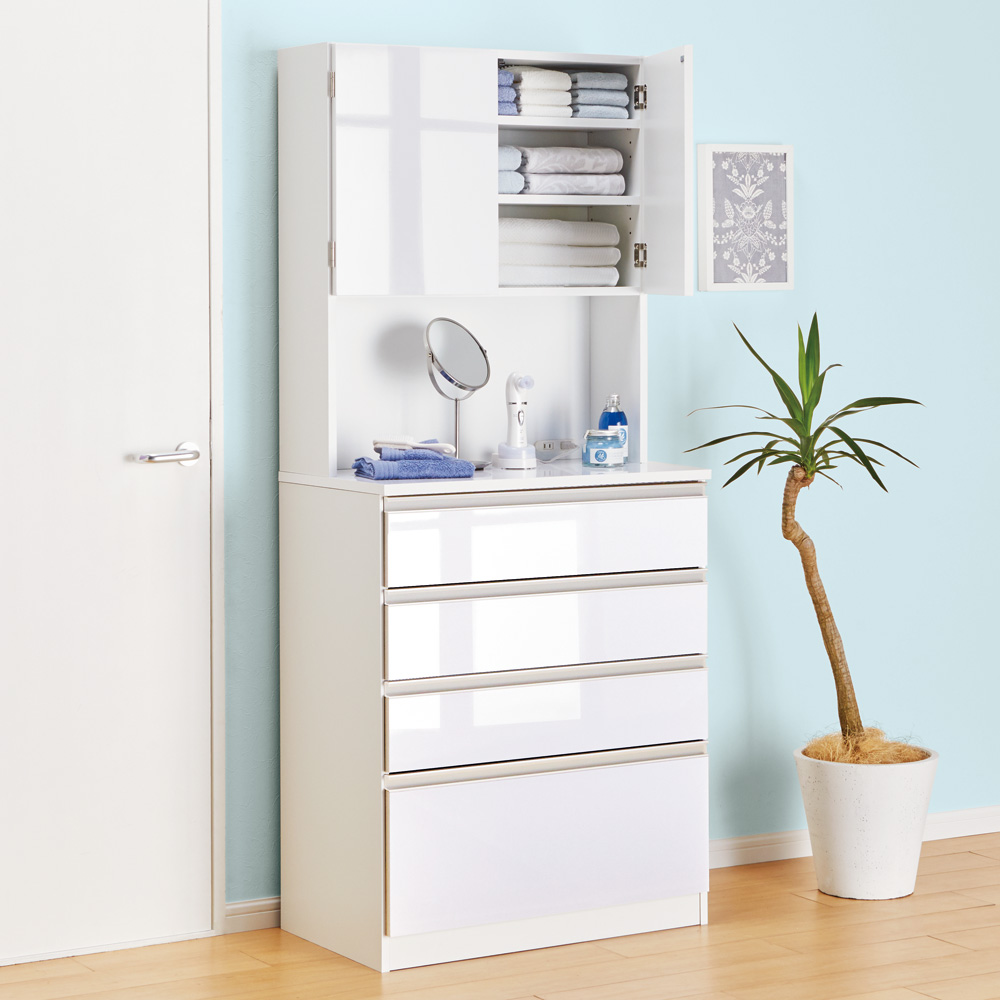 水回りでも安心の光沢洗面所チェスト 扉付きハイタイプ・幅75cm 洗面所収納 隙間収納 トイレ 洗面所 ランドリー収納 631115