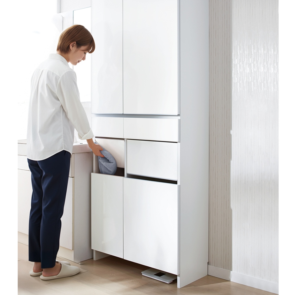 組立不要 洗濯カゴ付き2in1光沢サニタリー収納庫 ハイタイプ 幅73cm 洗面所収納 隙間収納 トイレ 洗面所 ランドリー収納 631129