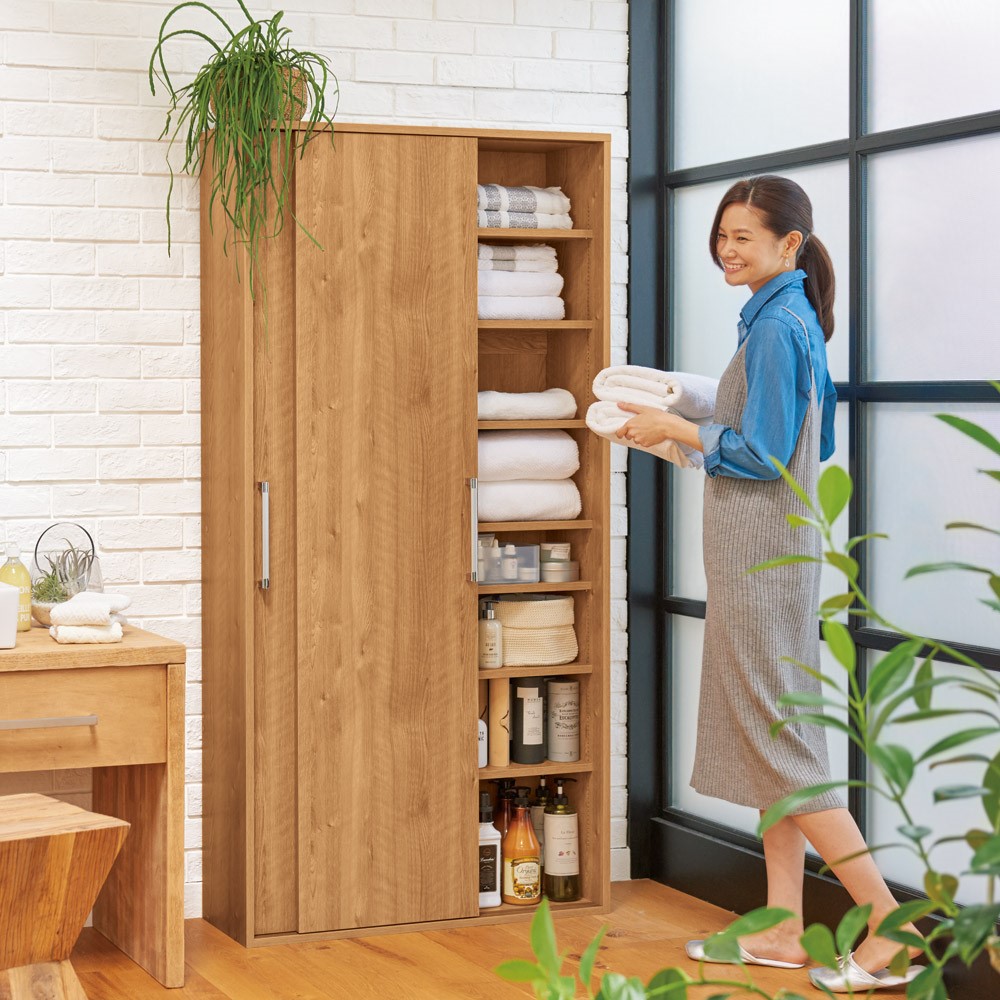 すっきり隠せる薄型引き戸収納庫 幅90cm 洗面所収納 隙間収納 トイレ 洗面所 ランドリー収納 631134