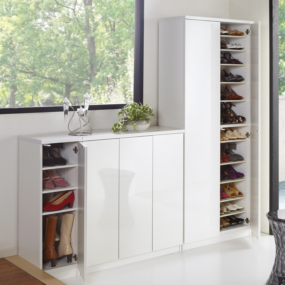 前面ミラー&板戸シューズボックス 段違いミドルタイプ・幅30.5 高さ93cm 下駄箱 シューズボックス 玄関収納 631516