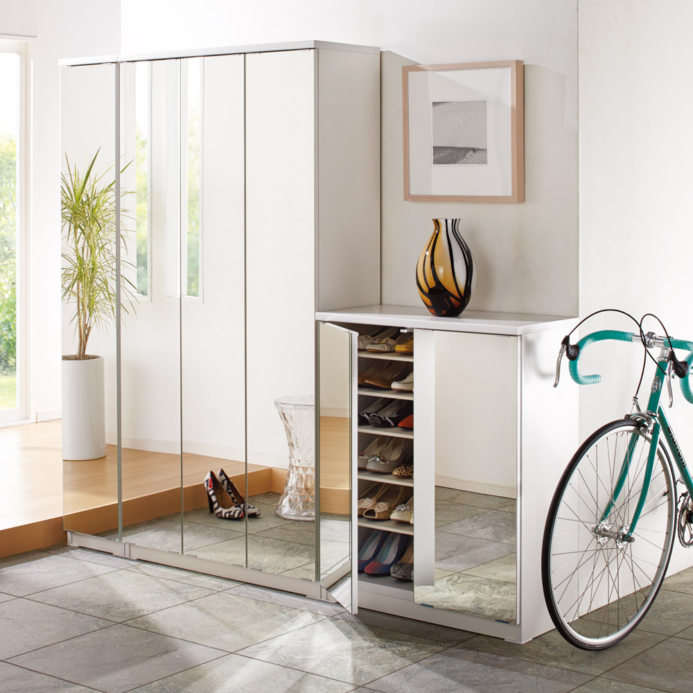 前面ミラー&板戸シューズボックス ハイタイプ・幅89.5 高さ180cm 下駄箱 シューズボックス 玄関収納 631521