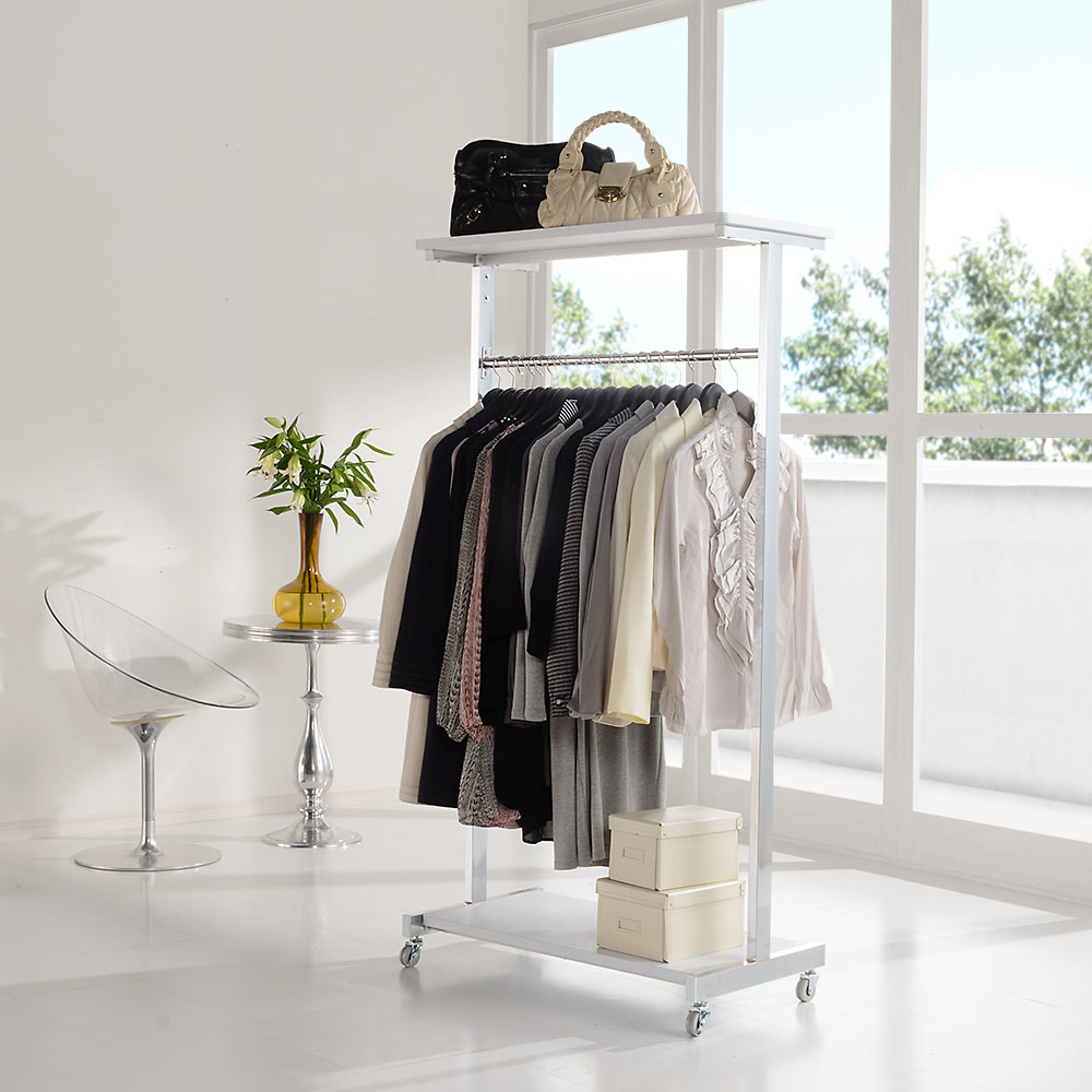 上下棚付き モダン頑丈ハンガーラック シングル・幅90cm ハンガーラック パイプハンガー 衣類収納 631904