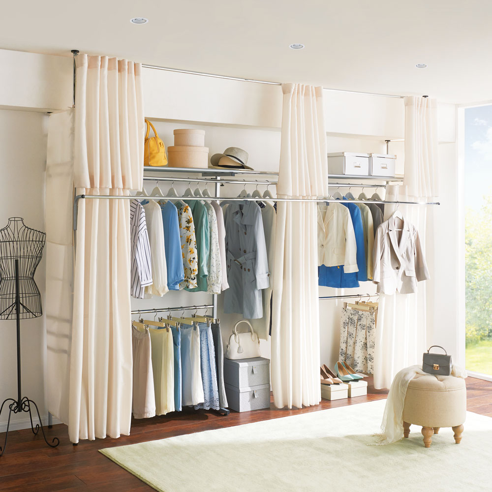 奥行53cm 上下カーテン付き突っ張り頑丈ハンガーラック ロータイプ・【超ワイド】幅260-340cm クローゼットハンガー カバー 衣類収納 632063