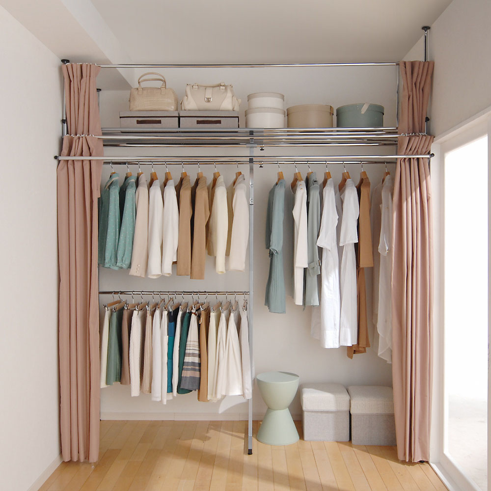奥行79cm 上下カーテン付き突っ張り頑丈ハンガーラック ハイタイプ・【標準】幅137-230cm対応 クローゼットハンガー カバー 衣類収納 632153