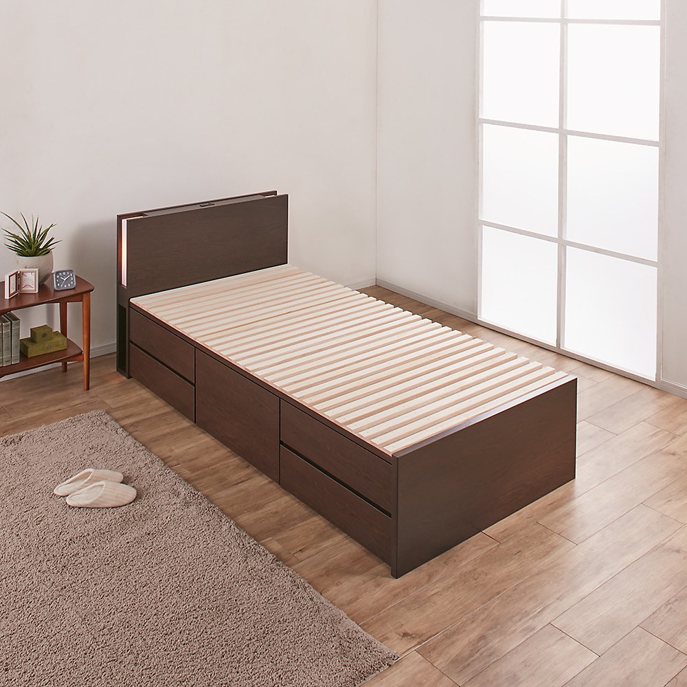 ≪セミダブル≫ 日本製の引き出しチェストベッド 大量収納引き出しすのこタイプ 照明・収納棚付き(フレームのみ) すのこベッド ベッド 640308