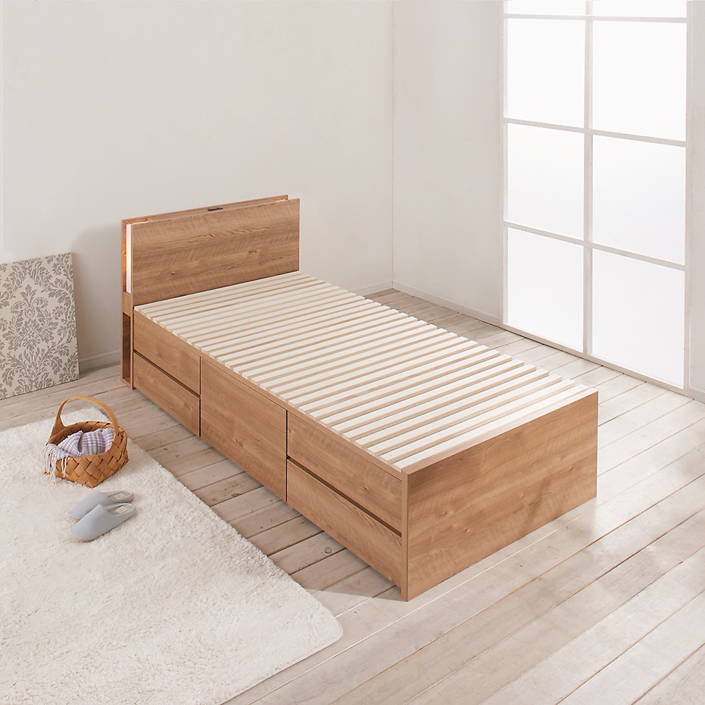 ≪セミダブル≫ 日本製の引き出しチェストベッド 大量収納引き出しすのこタイプ 照明・収納棚付き(フレームのみ) すのこベッド ベッド 640308