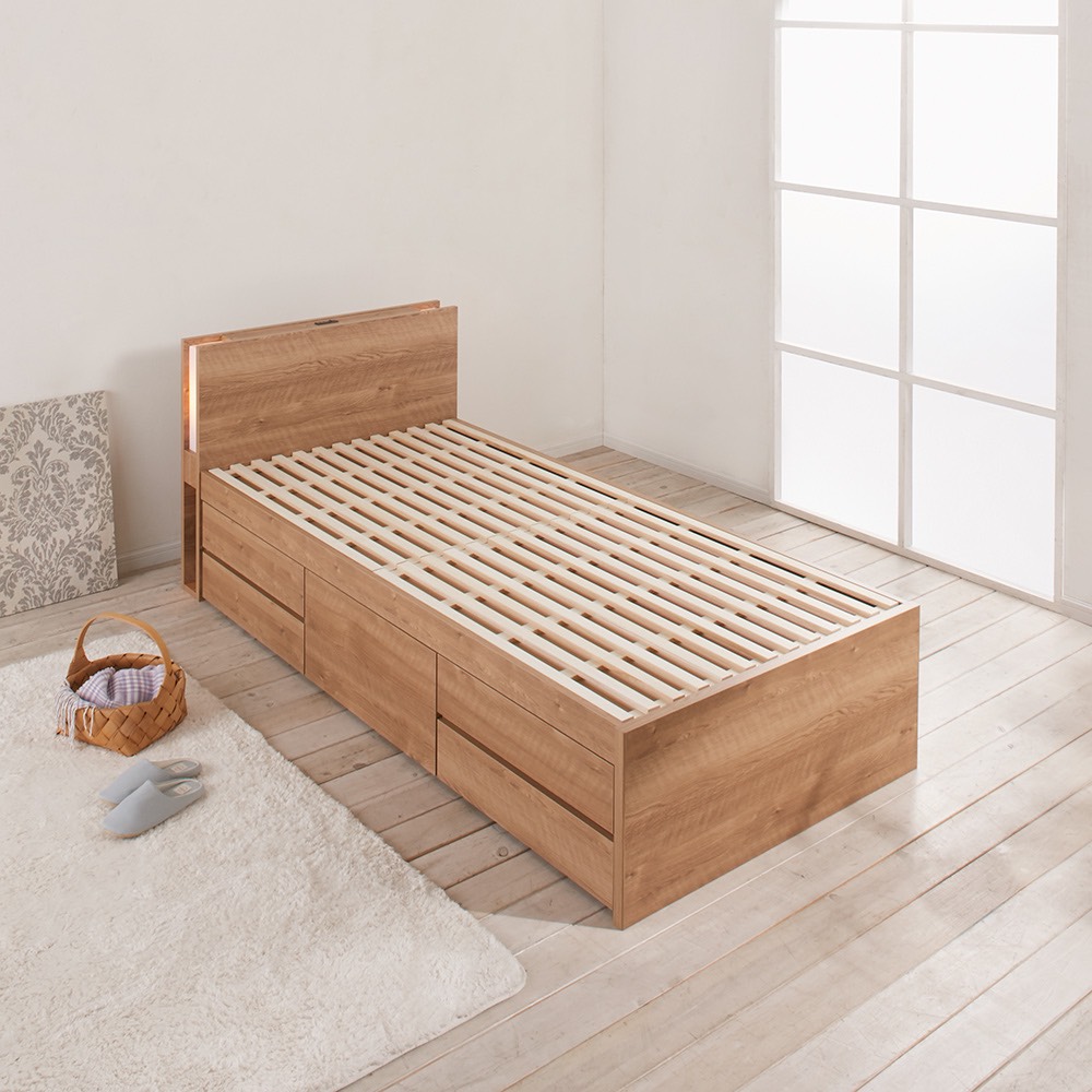 ≪セミダブル≫ 日本製の引き出しチェストベッド 引き出しすのこタイプ 照明・収納棚付き(フレームのみ) すのこベッド ベッド 640371