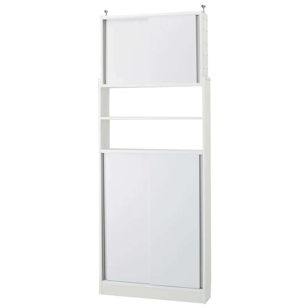 狭いキッチンでも置ける突っ張り式 薄型引き戸パントリー収納庫 奥行21cmタイプ 幅90cm高さ183-232cm キッチンボード キッチン収納 640802