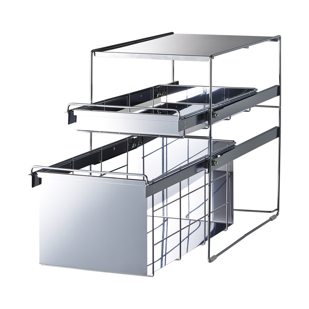 ステンレス製スムーズ引き出しラック 2段 幅25cm キッチン用品収納 640954