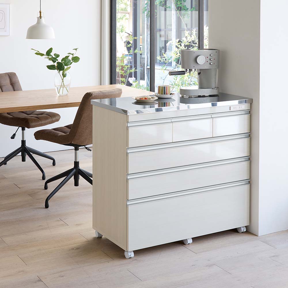 移動できる光沢ステンレス天板キッチンカウンター 幅120.5cm 4段・高さ85.5cm キッチンカウンター キッチン収納 641503