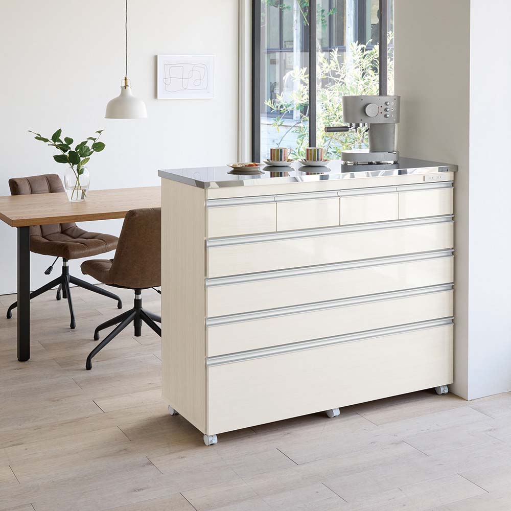 移動できる光沢ステンレス天板キッチンカウンター 幅90.5cm 5段・高さ101cm キッチンカウンター キッチン収納 641505