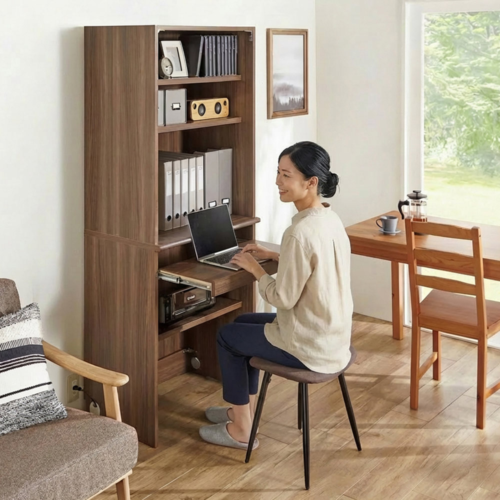 狭い場所でも収納たっぷり引き戸壁面収納シリーズ PCデスク 幅75.5cm パソコン PC ワーク 袖机 机 643510