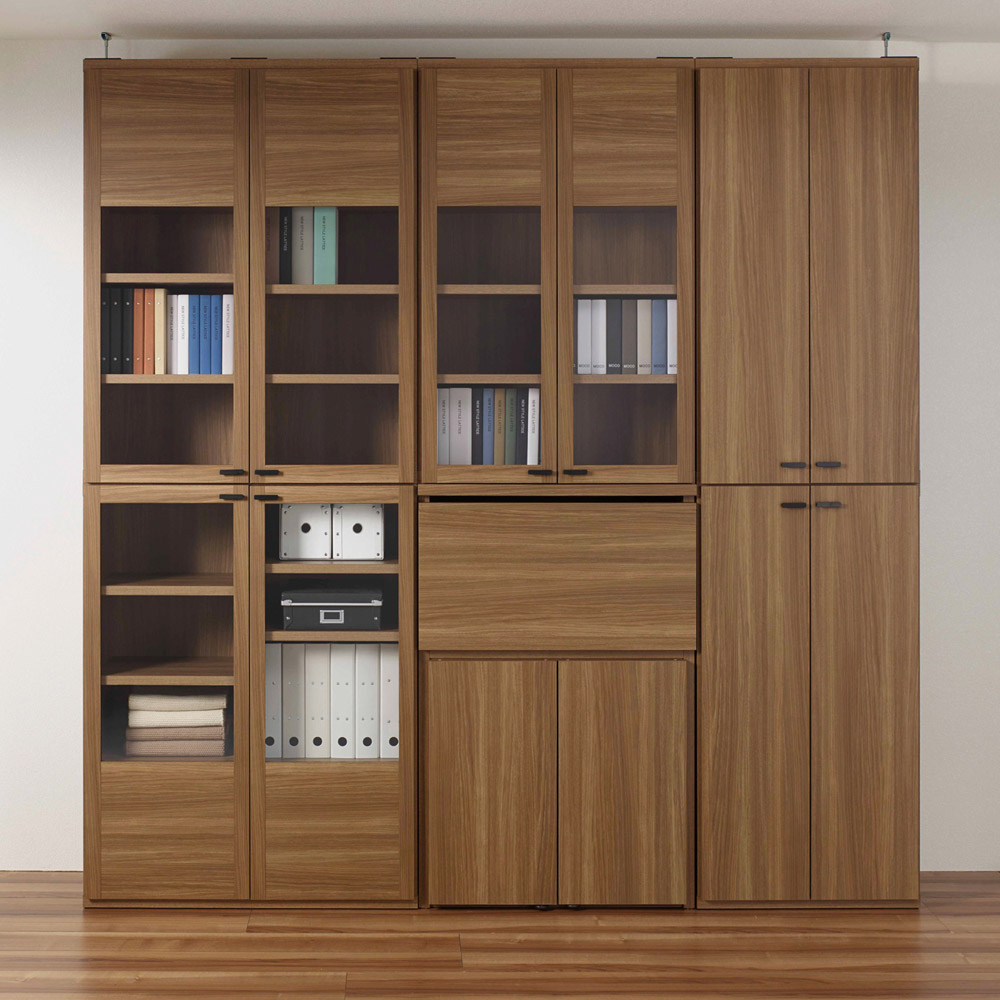 ≪デスク幅74.5cm＋ 板扉 本棚 幅74.5cm≫重厚感のあるがっちりデスクと扉が選べる本棚上下セット＋天井突っ張り金具 パソコン PC ワーク 袖机 机 643920