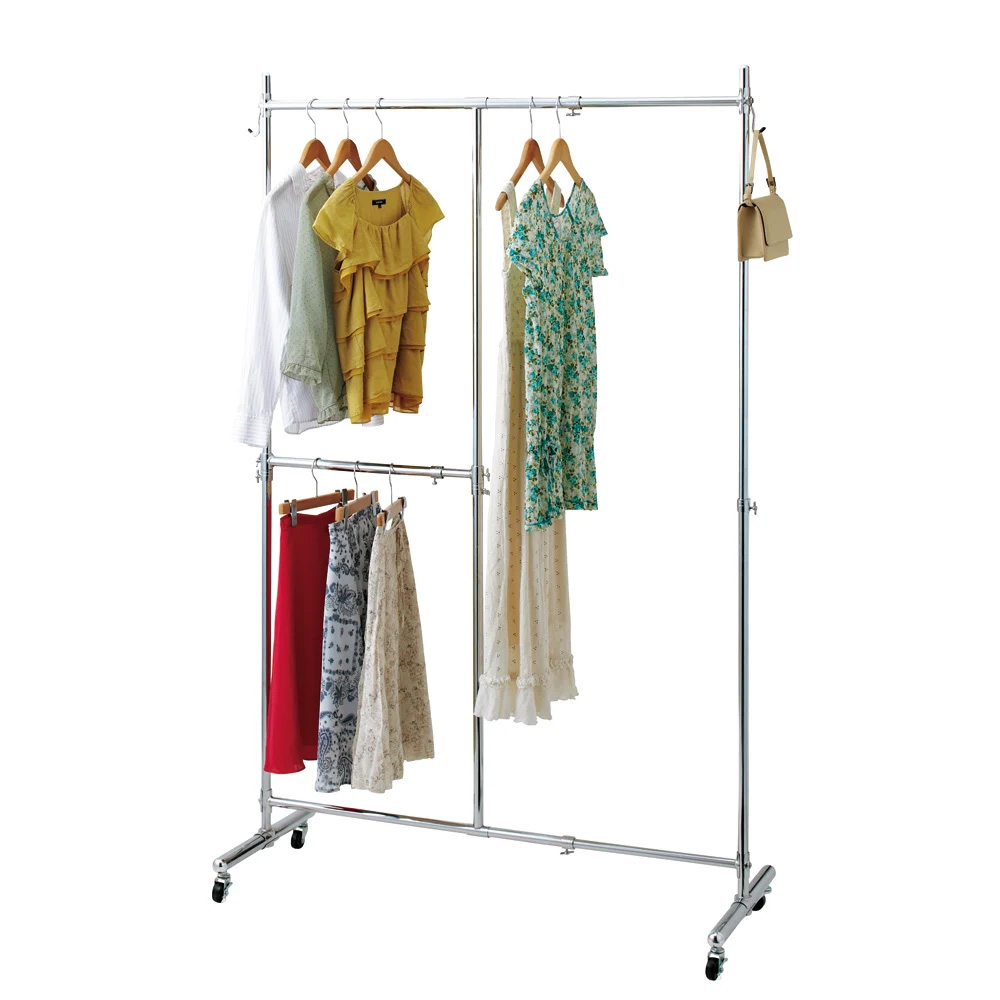 幅と高さが変えられるプロ仕様頑丈ハンガー 上下2段掛け付き シングルタイプ・幅92cm-122cm ハンガーラック パイプハンガー 衣類収納 644409