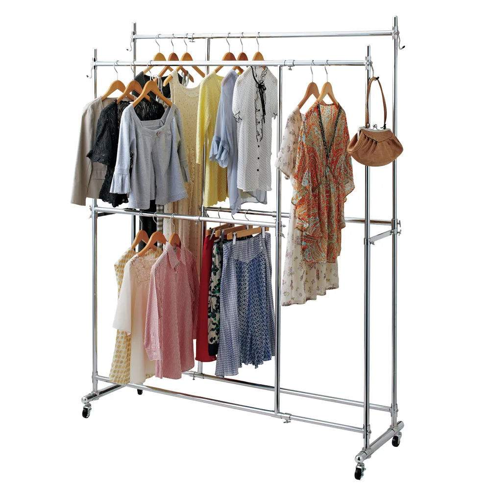 幅と高さが変えられるプロ仕様頑丈ハンガー 上下2段掛け付き ダブルタイプ・幅122cm-152cm ハンガーラック パイプハンガー 衣類収納 644413