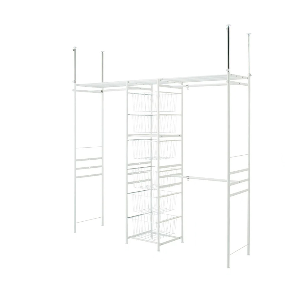 白でカスタマイズするホワイトハンガーシリーズ バスケット付き・ロータイプ（高さ185cm-246cm・幅170cm-238cm） クローゼットハンガー カバー 衣類収納 644671