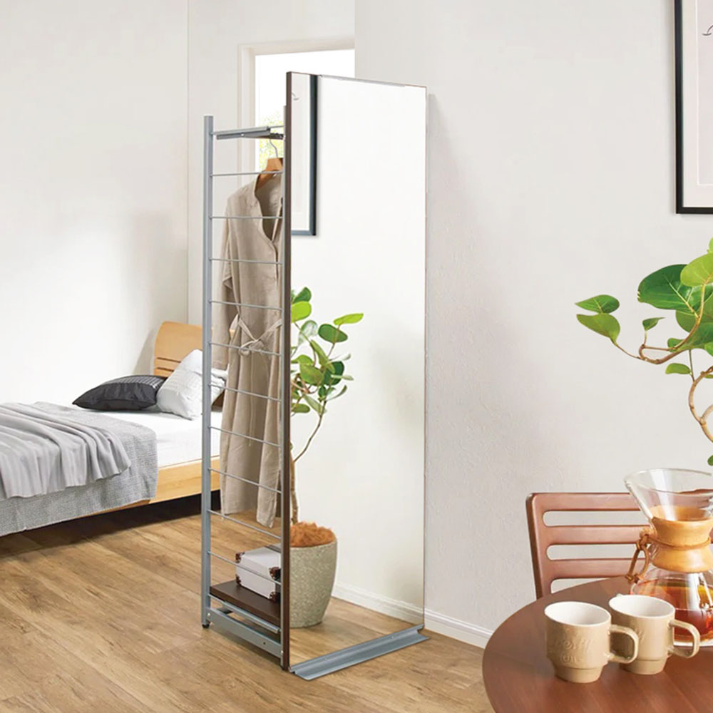 手軽に間仕切り パネル収納ハンガーラック 「ミラータイプ」 ハンガー1段棚1枚・幅60cm パーテーション 間仕切り リビング収納 640320