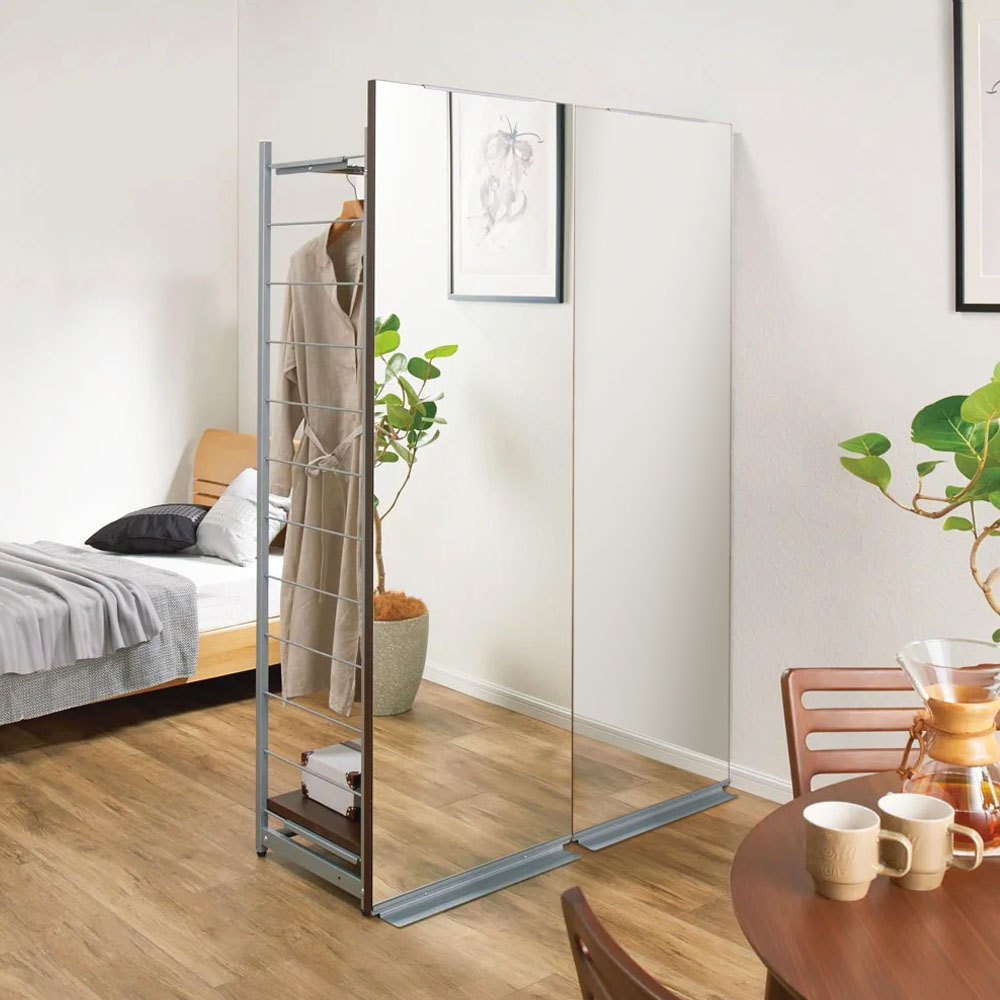 手軽に間仕切り パネル収納ハンガーラック 「ミラータイプ」 ハンガー1段棚1枚・幅120cm パーテーション 間仕切り リビング収納 640322