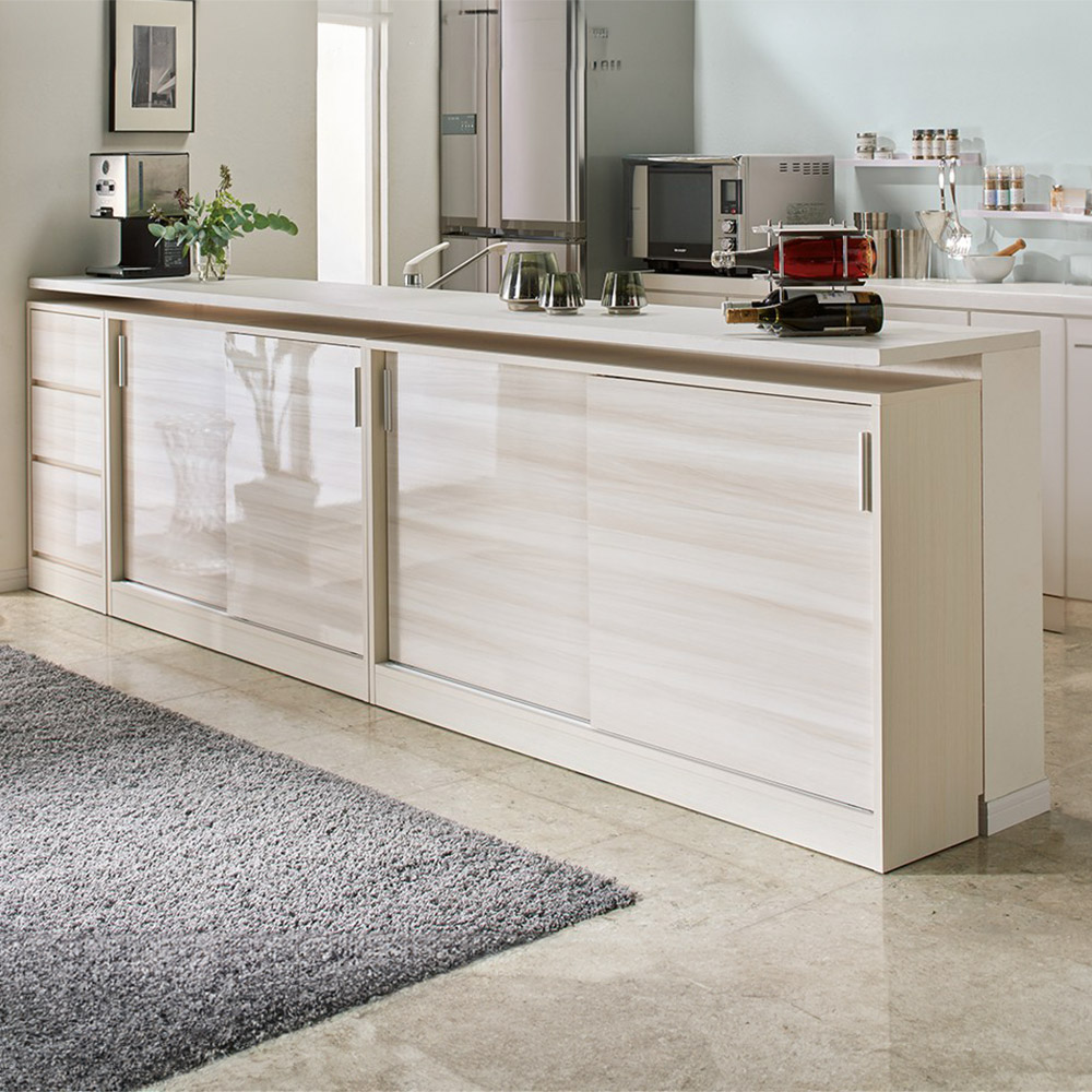 ≪高さ100cm≫光沢木目が美しい引き戸式カウンター下収納 収納庫幅120cm キャビネット リビングボード リビング収納 641310