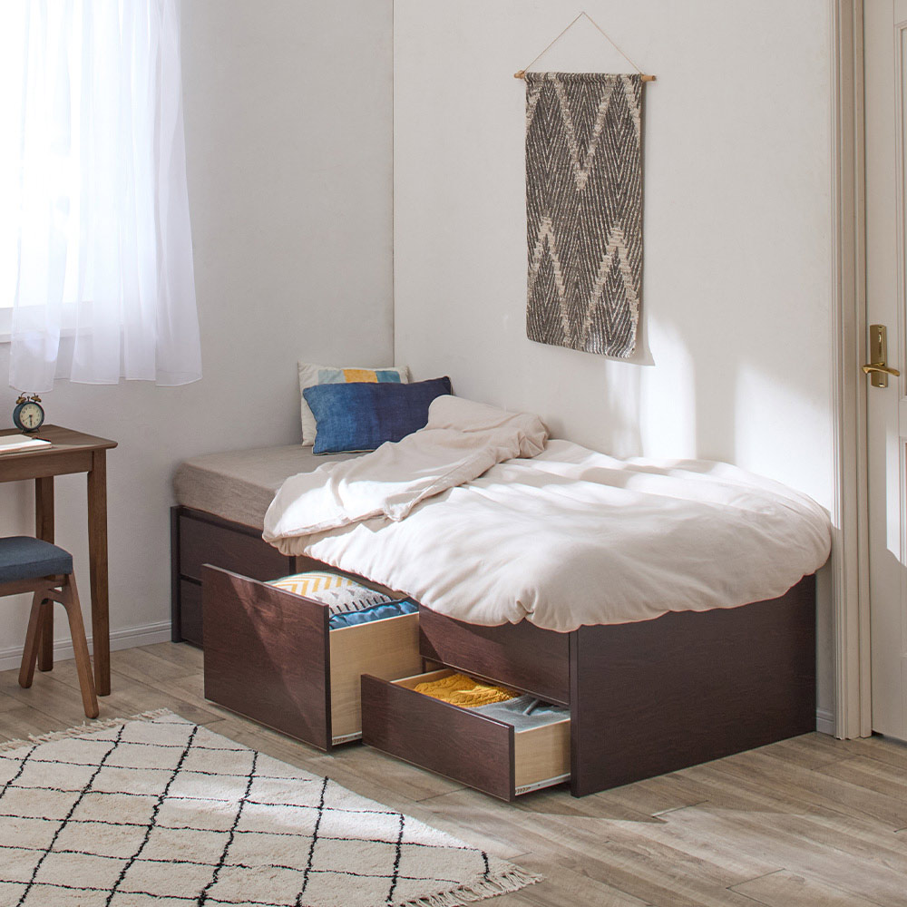 ≪幅76cm・ショート長さ184cm≫ 省スペース対応コンパクト収納ベッド 棚なしタイプ（国産ポケットコイルマットレス付き） 収納付きベッド ベッド 642612