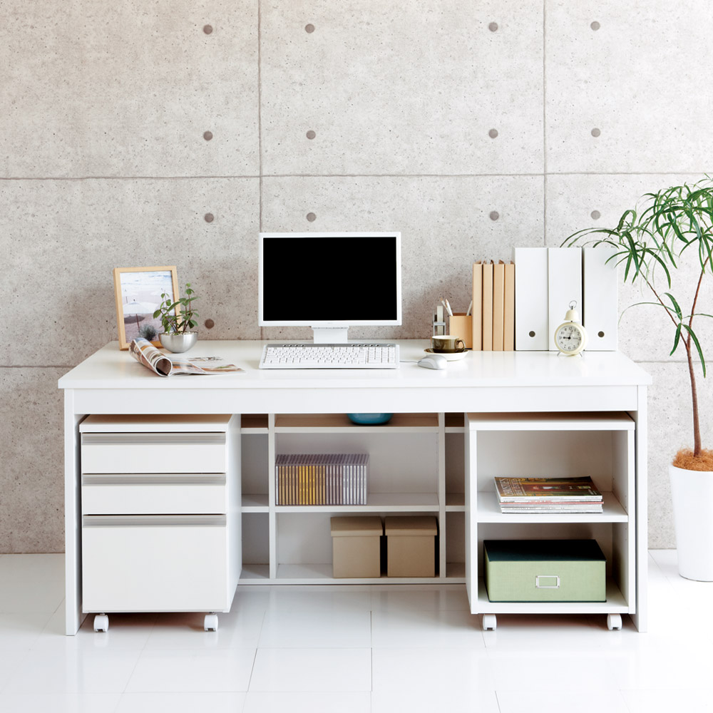 奥行たっぷりデスク3点セット（パソコンデスク・ラック・チェスト）幅160cm オフィス 事務 書斎机 机 643402