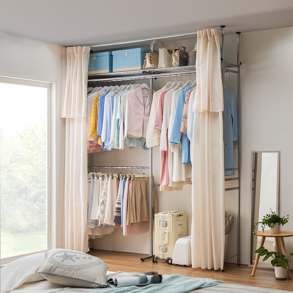 ウォークイン突っ張りハンガー 幅111cm-200cm・ハイタイプ（高さ218cm-280cm）・上下カーテン付き クローゼットハンガー カバー 衣類収納 644660