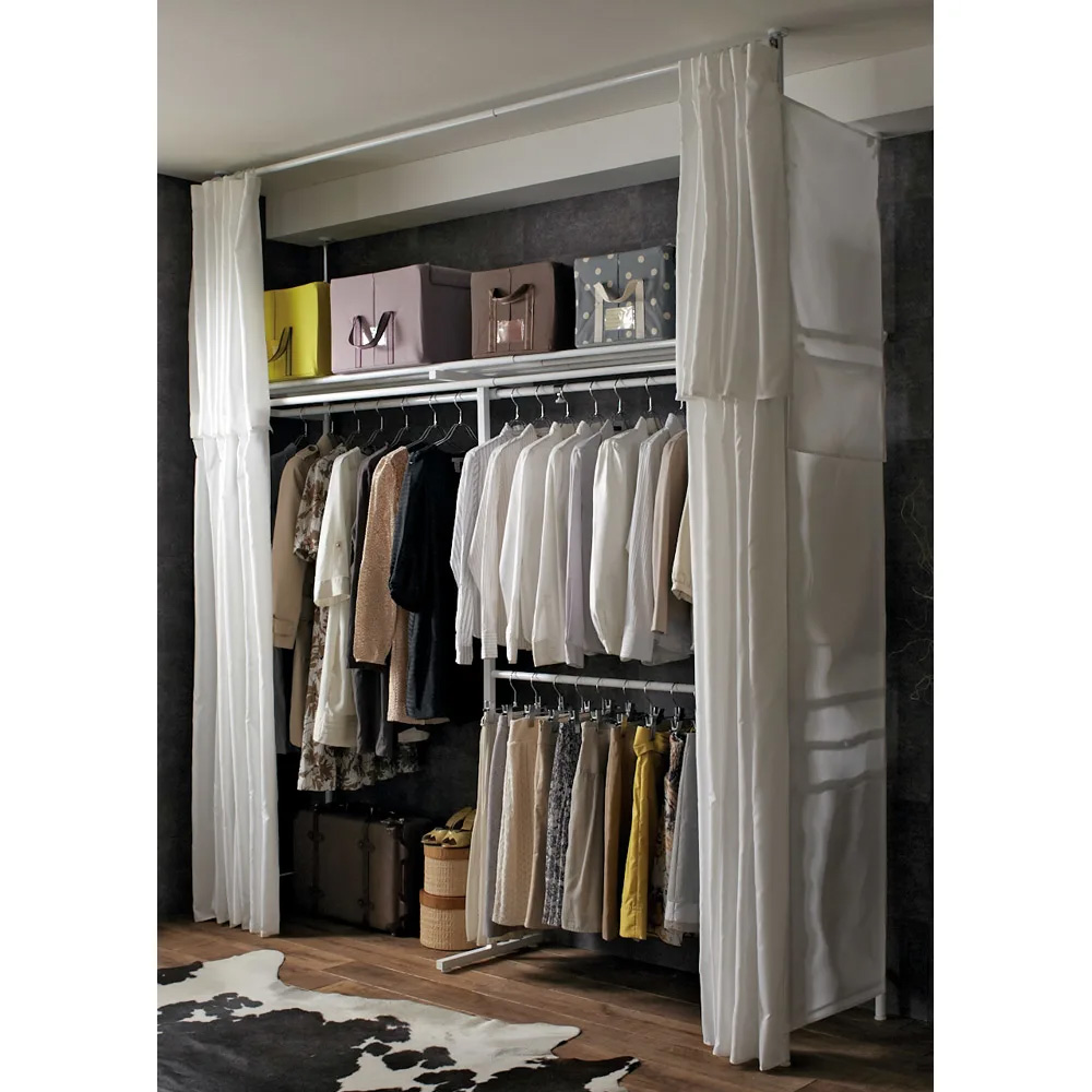 白でカスタマイズするホワイトハンガーシリーズ 上下・左右カーテン付き バスケットなし・ロータイプ（高さ185cm-246cm・幅137cm-230cm） クローゼットハンガー カバー 衣類収納 644669
