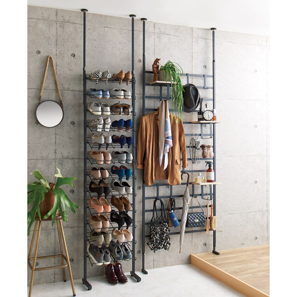 ブルックリン風 突っ張りシューズラック2列 幅52cm スッキリ モダン おしゃれ デッドスペース スペース 有効活用 シューズラック ケース 下駄箱 玄関収納 645205