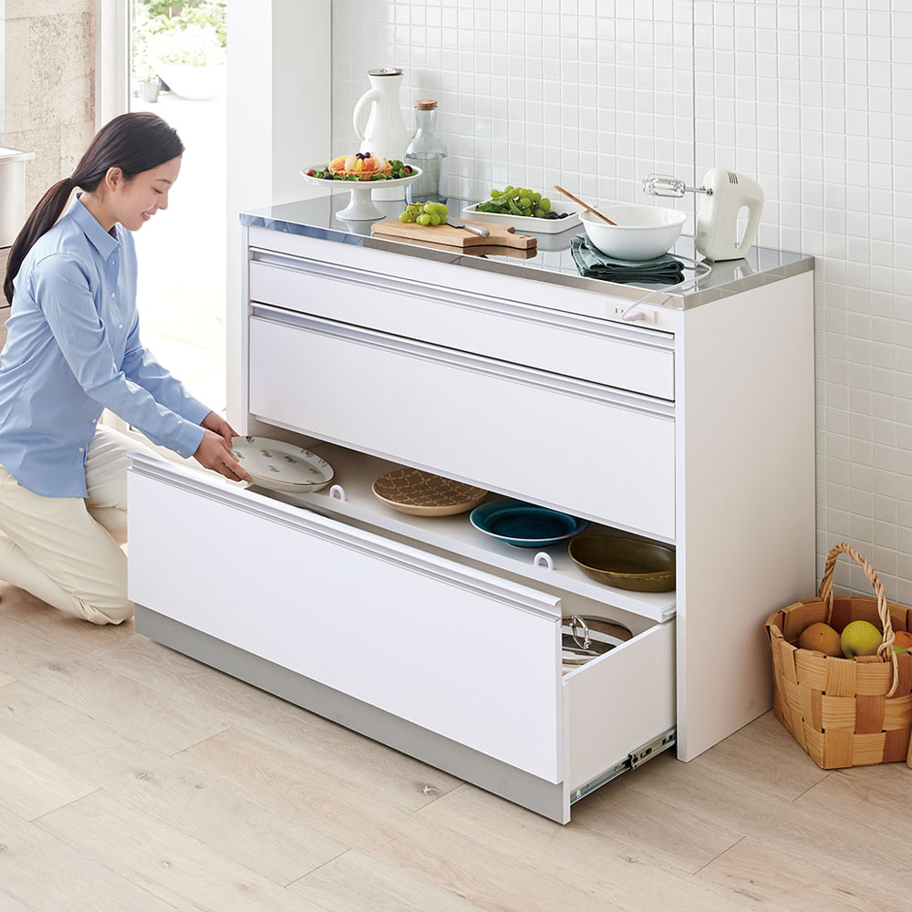 収納物を考えたキッチンカウンター ロータイプ（高さ85cm） 幅117.5cm