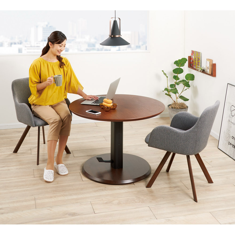 テーブル 机 コンパクト ウォルナット 昇降式テーブル ラウンドテーブル 高さ自由自在！カフェスタイルダイニング 丸形昇降テーブル単品・径110cm  ダークブラウン 772829