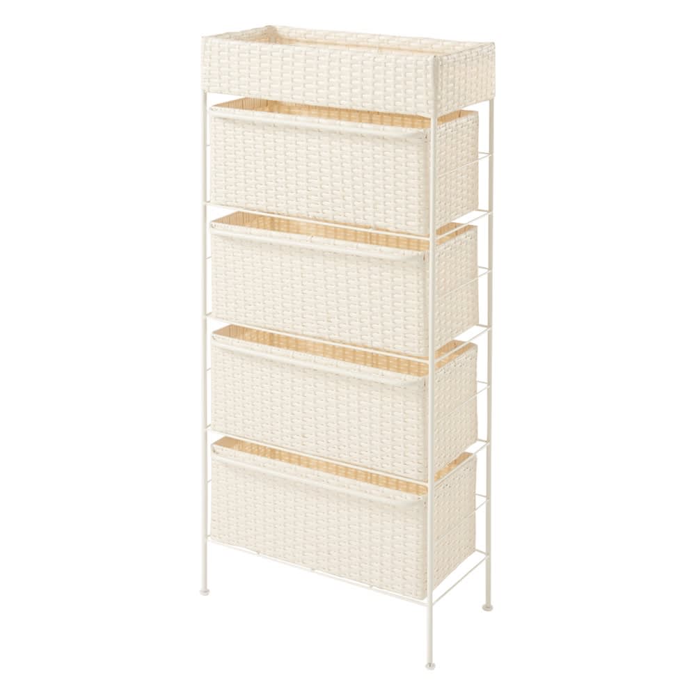 ≪スリム4段≫ ラタン調ハンドル付きチェスト 洗面所収納 隙間収納 トイレ 洗面所 ランドリー収納 562408