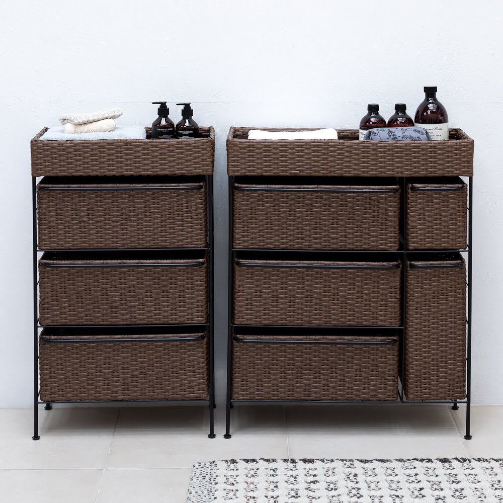 ≪ワイド3段≫ ラタン調ハンドル付きチェスト 洗面所収納 隙間収納 トイレ 洗面所 ランドリー収納 562409