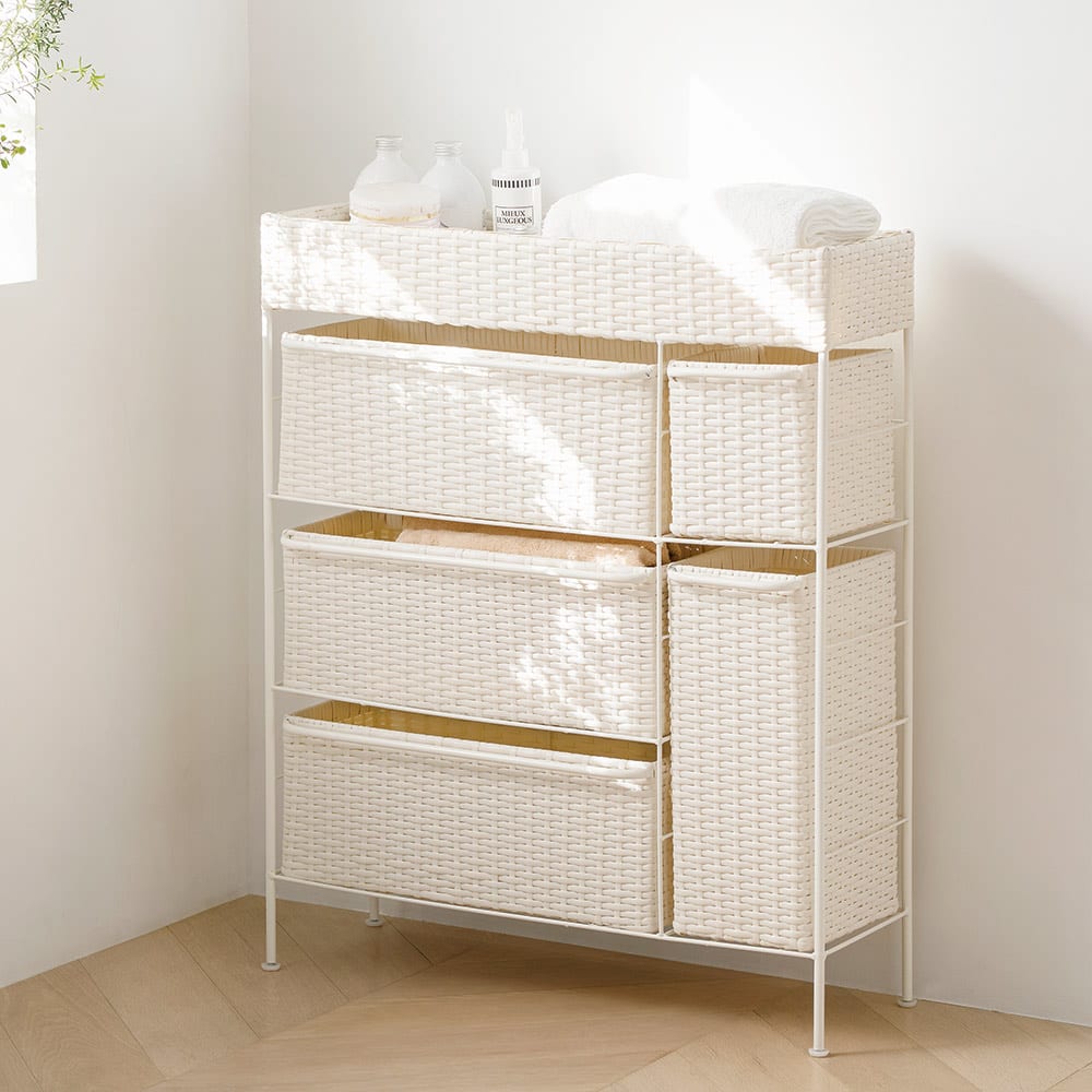 ≪ワイド3段≫ ラタン調ハンドル付きチェスト 洗面所収納 隙間収納 トイレ 洗面所 ランドリー収納 562409