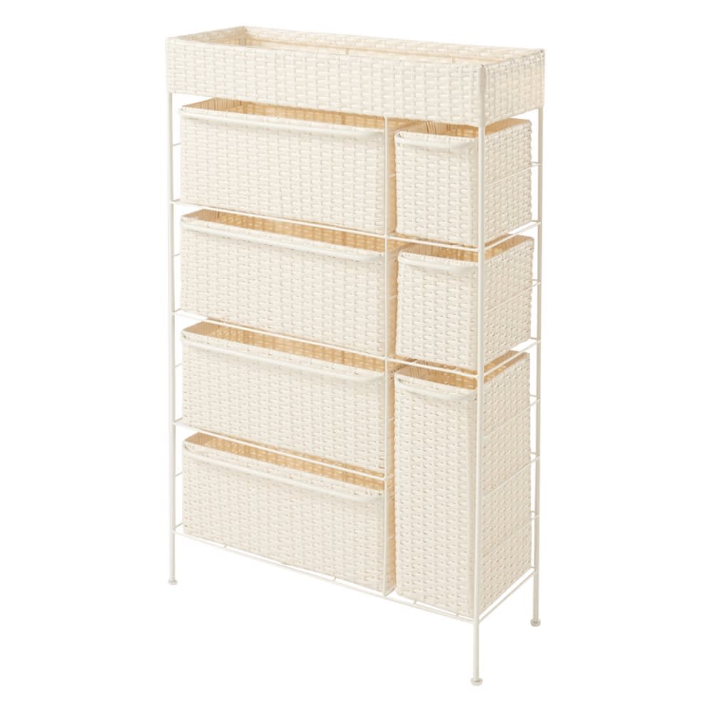 ≪ワイド4段≫ ラタン調ハンドル付きチェスト 洗面所収納 隙間収納 トイレ 洗面所 ランドリー収納 562410